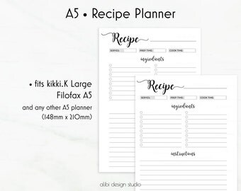 Recipe Planner, Recipe Book, A5 Planner Inserts, Recipe Journal, Recipe Binder, Recipe Cards, A5 Planner, A5 Filofax, Printable Planner