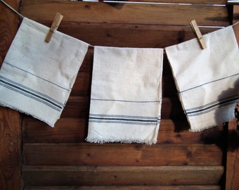 Linen 3 VINTAGE Hand Made HEMP TEA Towels, Wipes. Antique Natural Organic Cloth, Material, Napkins, Kitchen Farmhouse, Rustic Shabby Decor