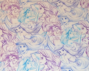 LITTLE MERMAID FABRIC! Sketch Design / 1/2 Yard For Quilting - Cotton / Ariel - Flounder / Lavender - Aqua