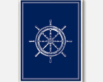 Ship Wheel Nautical Decor ,Coastal Decor Beach , Coastal Wall art, Captains Wheel, Nautical Wall Decor, Blue Nautical Decor Art Print