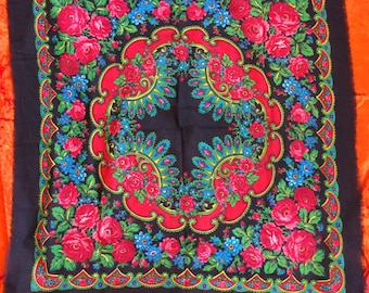 Russian Wool Roses Shawl Spring Black Shawl Scarf Rustic Style Black Shawl Boho Chic Shawl Head Scarf with Flowers Ukrainian Holiday Shawl