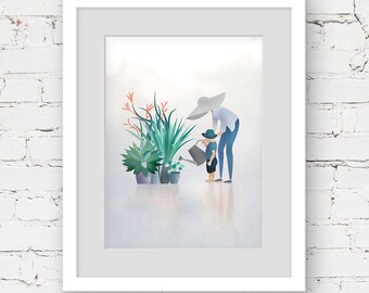 custom family portrait, mother and child print, family art print, custom portrait illustration, garden lover gift, motherhood art print