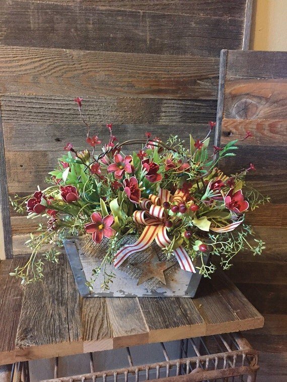 Primitive Floral Arrangement in Wood Box with Wire Handle