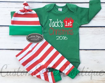 Baby Boys First Christmas Outfit,Customized Name,Red and White Striped Leggings And Hat With Green Cuffs,Baby Boys Christmas Outfit