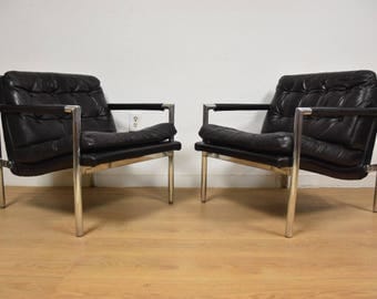 Black Leather and Aluminum Lounge Chairs- A Pair
