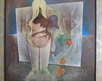Cees Brokke (Dutch 1919-2016) "Adam & Eve" Oil On Board Painting c1970 49 X 49
