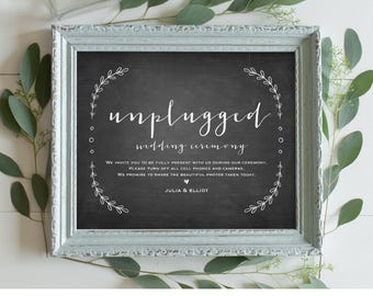 Unplugged Ceremony Sign Template, Printable Unplugged Wedding Sign, Editable Text, Rustic Chalkboard Laurels, Instant Download, 8x10 #VC10