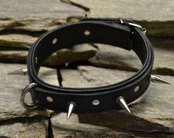 Black spiked BDSM collar made of real leather
