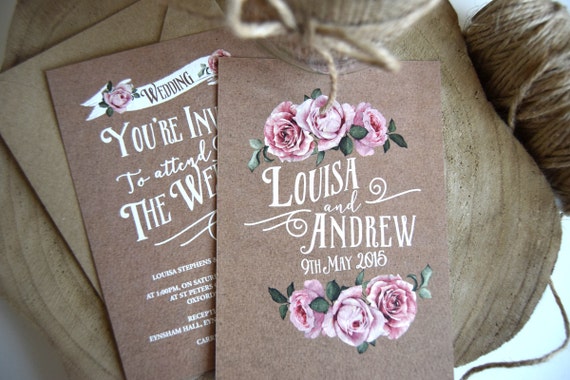 Brown Kraft Rustic Rose Wedding Invitation Set Sample