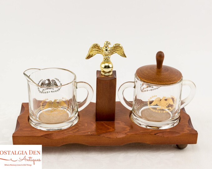 Vintage Creamer and Sugar Set on Wooden Tray | Clear Glass with Gold Federal Eagle