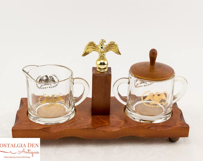 Vintage Creamer and Sugar Set on Wooden Tray | Clear Glass with Gold Federal Eagle