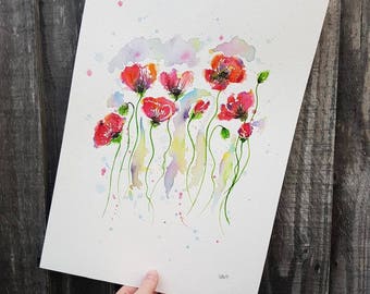 Poppies original watercolour painting. A3.