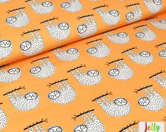 ORGANIC JERSEY Fabric - Sloths in Orange by Amne - UK Seller