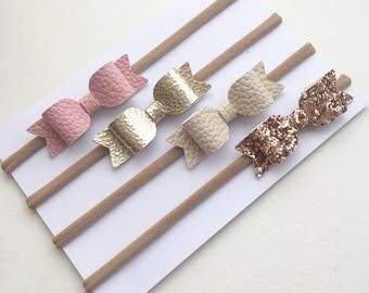 Baby Headband Set, Mini Bow Headband Set, Faux Leather Bow, Mini Glitter Bow, Rose Gold Glitter Bow, Pink Hair Bow, Pink/cream headband