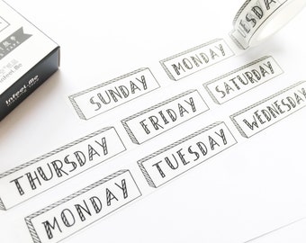 Week Washi Tape 15mm/ Days of the Week Washi Tape/ Black and White Washi/ Bullet Journaling Washi Tape/ Masking Tape/ Decorative Tape/ 15mm