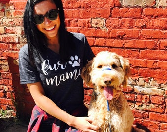 Unisex Tri-Blend V-Neck T-Shirt Fur Mama Cursive Text - Dog Mom Shirt - Dog Mama
