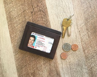 Leather Slim Wallet with ID Window, Minimalist Front Pocket RFID Blocking Card Holder Made of Full Grain Leather w/Gift Box (Dark Brown)