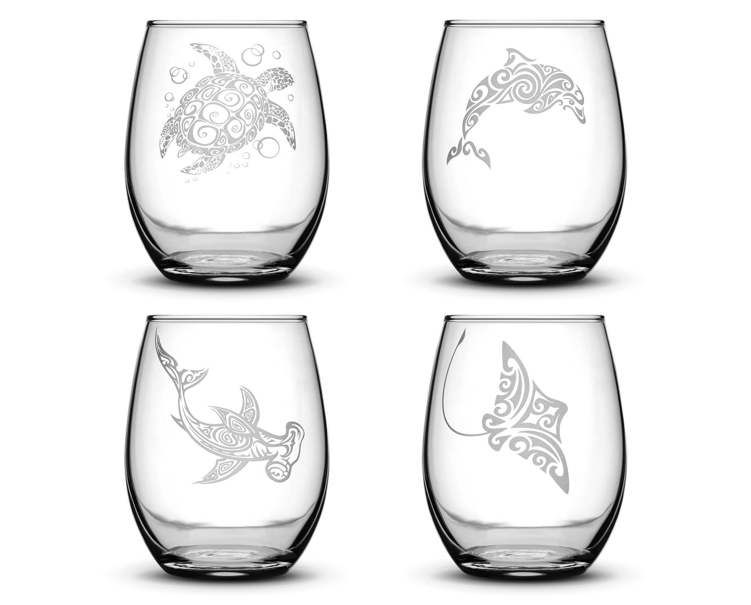 Set of 4, Etched Wine Glasses, Tribal Sea Turtle, Dolphin, Hammerhead Shark, and Stingray, Sand Carved by Integrity Bottles