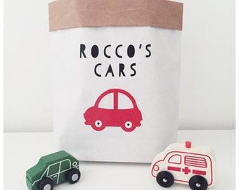 Toy car storage bag, boys room, nursery storage.