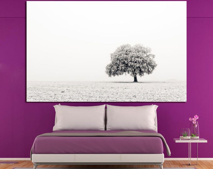 Large black and white tree on field fine art photography wall art print set on canvas, modern landscape nature photography canvas wall decor