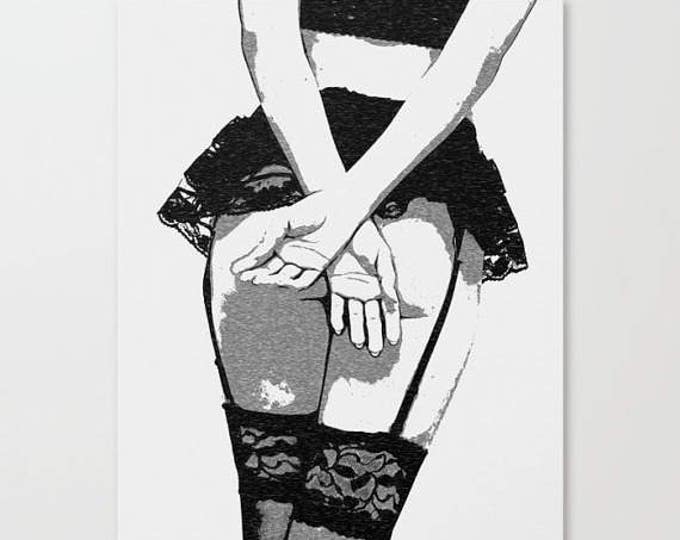 Erotic Art Canvas Print - No Entry, unique sexy conte style drawing, perfect shapes girl in lingerie sketch, sensual high quality artwork
