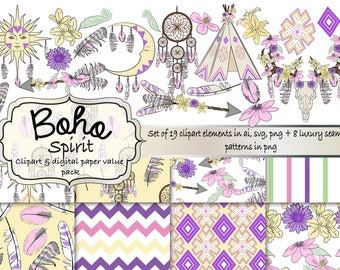 Boho clipart and digital paper set, tribal clipart and digital paper set, tribal clipart, tribal vectors, tribal digital papers