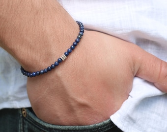 Mens Bracelet Lapis Lazuli Mens Beaded Bracelet Lazurite Bracelet Mens 4mm Bead Bracelet Boyfriend Gift Tribal Mens Surfer Bracelet