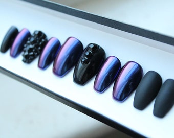 Duo Chrome Matte Black Press on Nails | Black Crystals | Oil Slick | Chrome Mirror Powder | Hand Painted Nail Art | Glue On | Any Shape Size