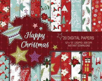 Christmas digital paper, Christmas printable, Christmas paper, Seamless Pattern, red mint Christmas paper, Winter digital paper