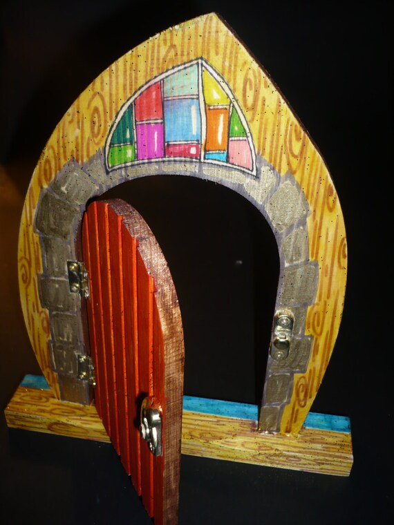 Fairy door with painted stainedglass window by Rosiesartsandcraft