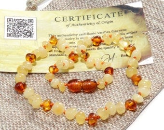 Baltic Amber POLISHED Rounded Beads Teething Necklace For Babies - Cognac Butter Color - Amber Teething Necklace - With Certificate