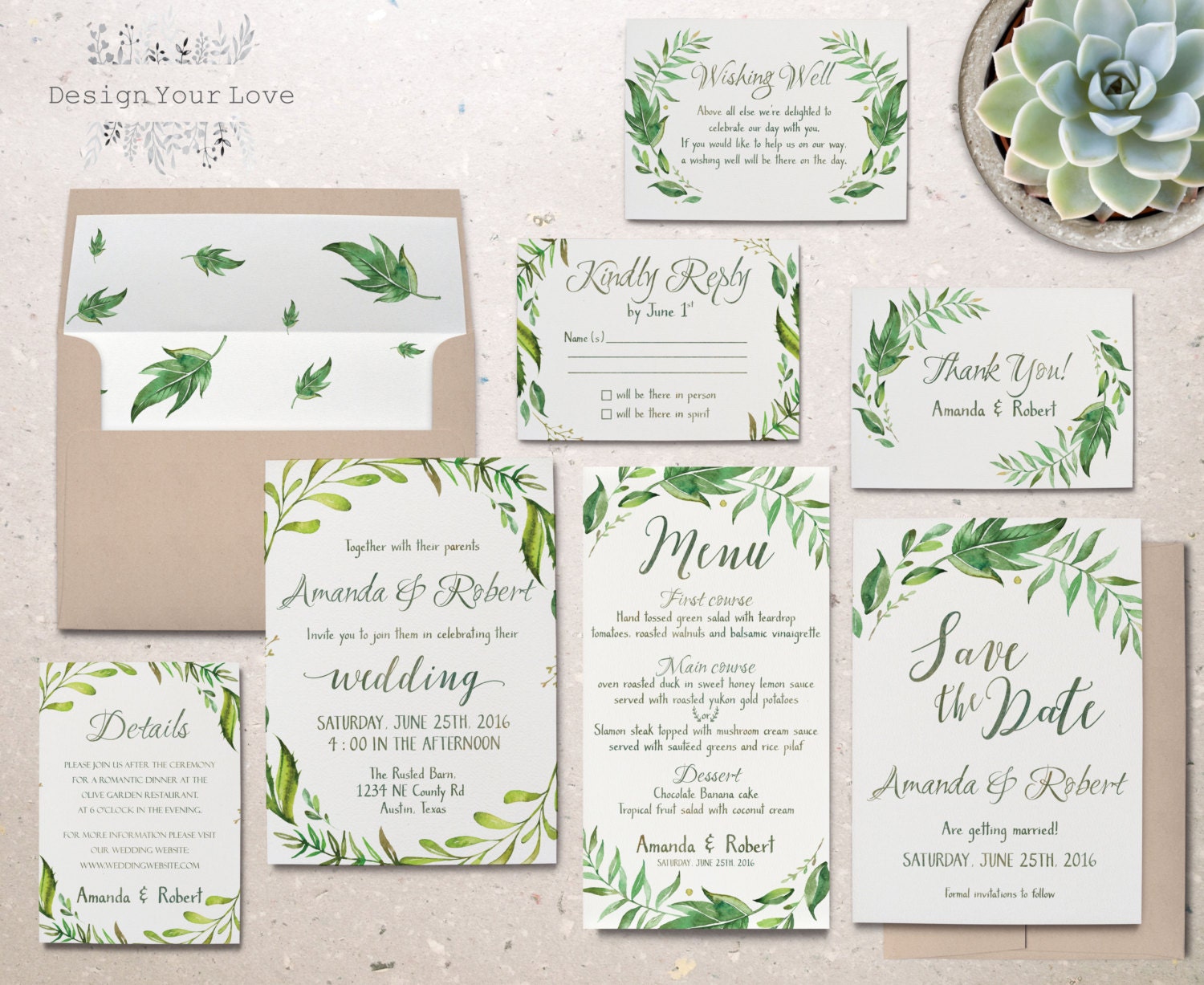 Printable greenery wedding invitation suite green wedding