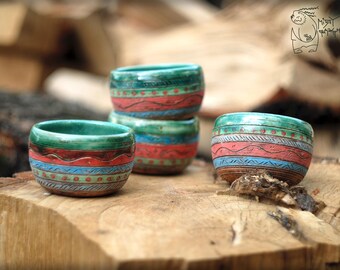 Set of 4 tea bowls with ornaments 200ml / 7 Oz, wine bowl, pottery pialat, handmade ceramic bowl, unique gift, warming gift, home decor