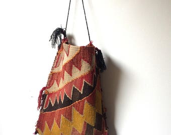 Bohemian Turkish Kilim Bag Coral Red Carpet Vintage Textile Pattern Nomad Hipster