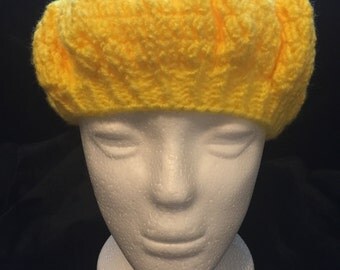 Vintage Handmade Crocheted Vivid Yellow Beanie Cap Hat