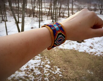 Traditional Sioux Beaded Cuff Bracelet - Buckskin and Buffalo Bone - Sage Blessed - Authentic Native American Jewelry - Unisex - Powwow