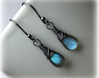 Blue Labradorite Earrings, Oxidized Silver Jewelry 925, Wire Wrapped Gemstone Earrings, Small Dangle Earrings, Drop earrings, Gift For Women