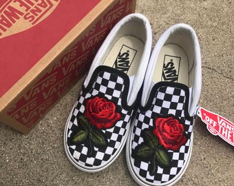 Checkered Slip On Vans Rose Embroidery Shoes Sale Code