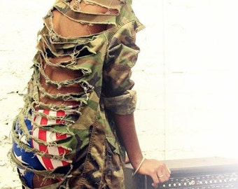 Distressed Shredded Vintage Camo Army Jacket