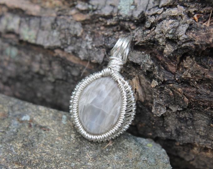 Moonstone Cabochon Silver Wire Wrap Pendant; Hand Cut and Polished Natural Stone Wire Weave Jewelry, BoHo Hippie Necklace, Gift for Her