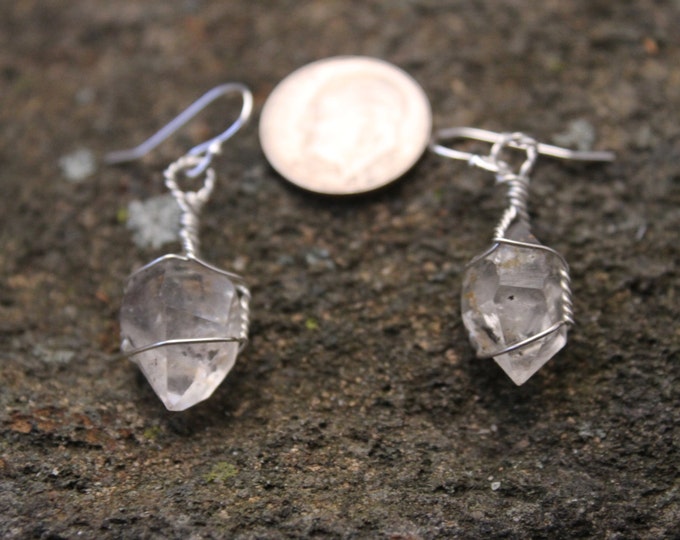 Double Terminated Herkimer Diamond Quartz Crystal Earrings with Sterling Silver Wire Wrap, Raw Mineral, Mined in New York State by Me
