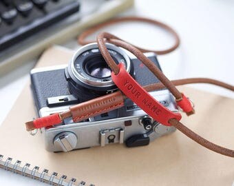Personalized leather camera strap round leather strap brown and red for mirrorless camera sony fuji canon nikon leica panasonic olympus