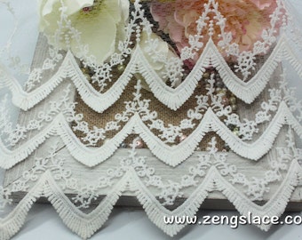 Off-white wide mesh lace fabric with triangle pattern and three embroidery layers, wedding lace trim, bridal lace,by the yard, EL-61