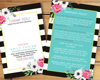 Happiness Policy - Customer Thank you Card with care instructions - LuLaRoe return policy - Marketing - 4x6 Card, Policy Card, White Flower