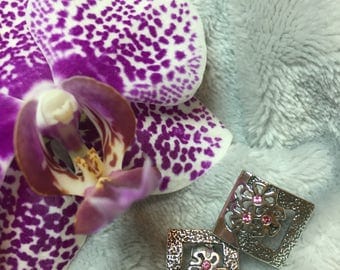 silver, handmade, pink flower, screw back earrings