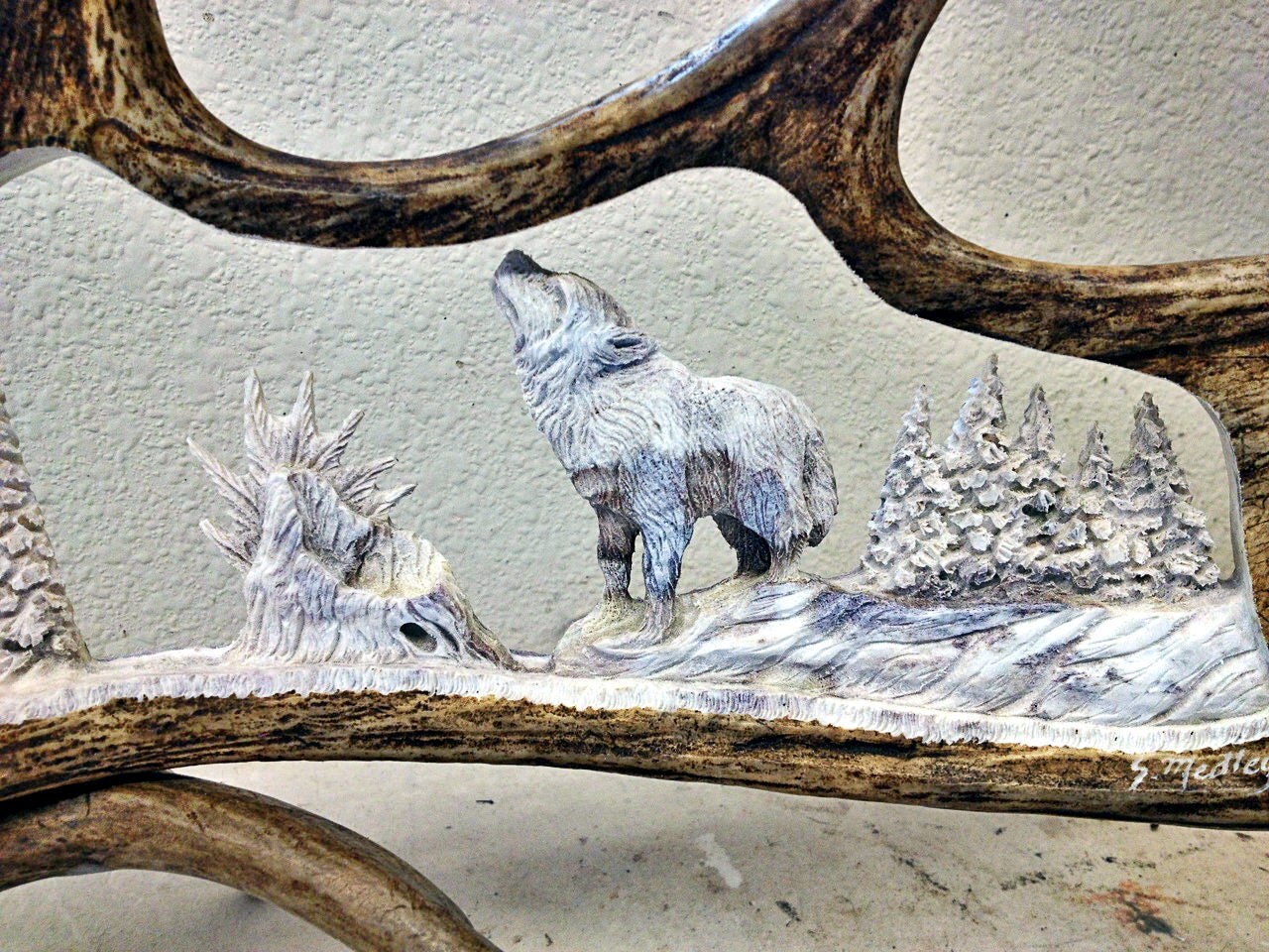Antler Carving Wolf Sculpture Wolf Carving Wolf Art Moose