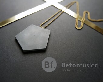 Concrete jewelry, pendant 'POLYGON' with brass chain, long, concrete, statement necklace, gold