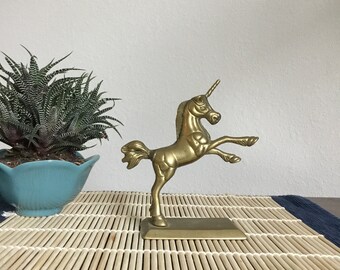 Vintage Brass Unicorn Figurine, Medium Golden Unicorn Statue, Solid Brass Horse Unicorn Home Decor 5" tall
