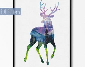 Wild Deer Cross Stitch pattern, Deer Pattern, Mountain Forest Woodland Animal, Modern Cross Stitch, Instant Download,Wall decor,Sale pattern
