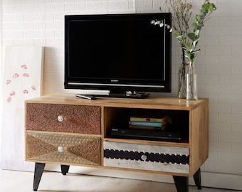 Sorio small media TV unit/cabinet - 100 % reclaimed wood - 3 drawer storage